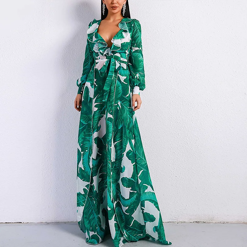 

Ccibuy Long Sleeve Dress Tropical Beach Vintage Maxi Dresses Boho Casual V Neck Belt Lace Up Tunic Draped Plus Size Dress