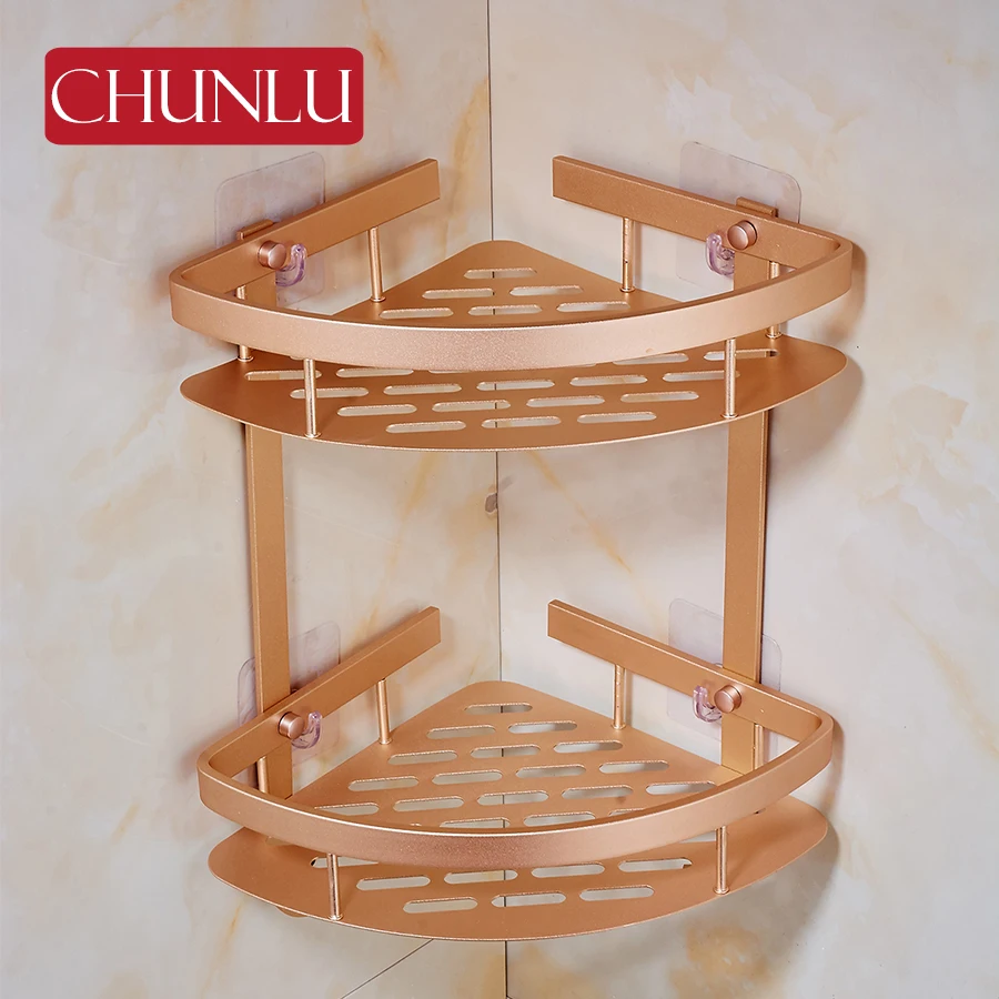 CHUNLU 2 Layers Rose Gold Aluminum Bathroom Corner Shelves Shower Soap