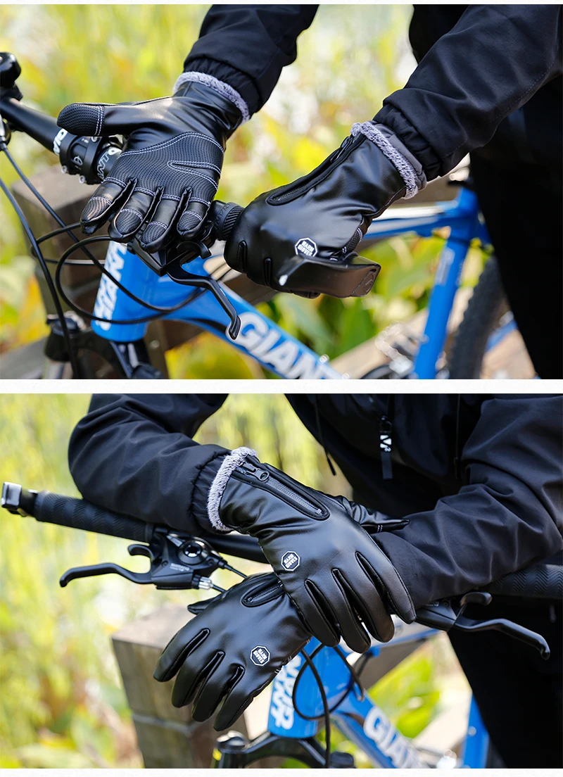 Leather Unisex Waterproof Winter Gloves Cycling Fluff Warm Gloves For Touchscreen Cold Weather Windproof Anti Slip Cycling Glove