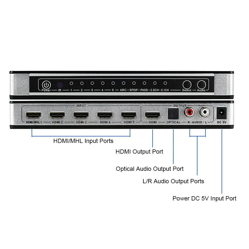 UHD 5x1 HDMI переключатель аудио экстрактор 4K 1,4 HDMI переключатель 5 портов с ARC& IR 7.CH HDMI переключатель пульт дистанционного управления для PS3 PS4 Apple tv HD tv