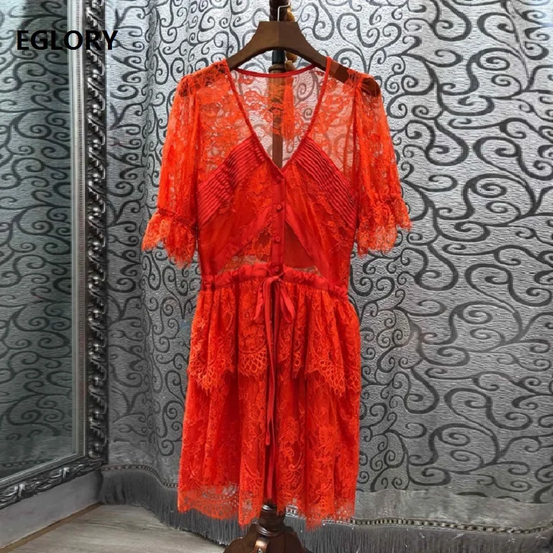 

High Quality Lace Dress 2019 Summer Sexy Party Club Women V-Neck Tunic Buttons Drawstring Waist Slim Lace Orange Dress Mini