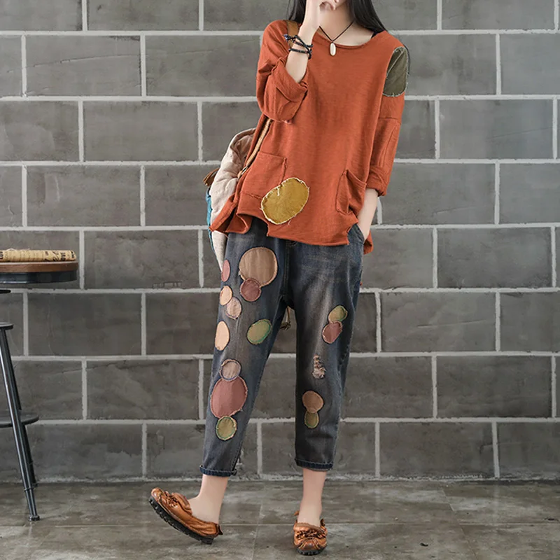

Yalabovso 2018 Autumn Denim Pants Circle patches Drawstring Softener Spliced Loose Jeans Hole Denim Harem Pants for woman A0Bz20
