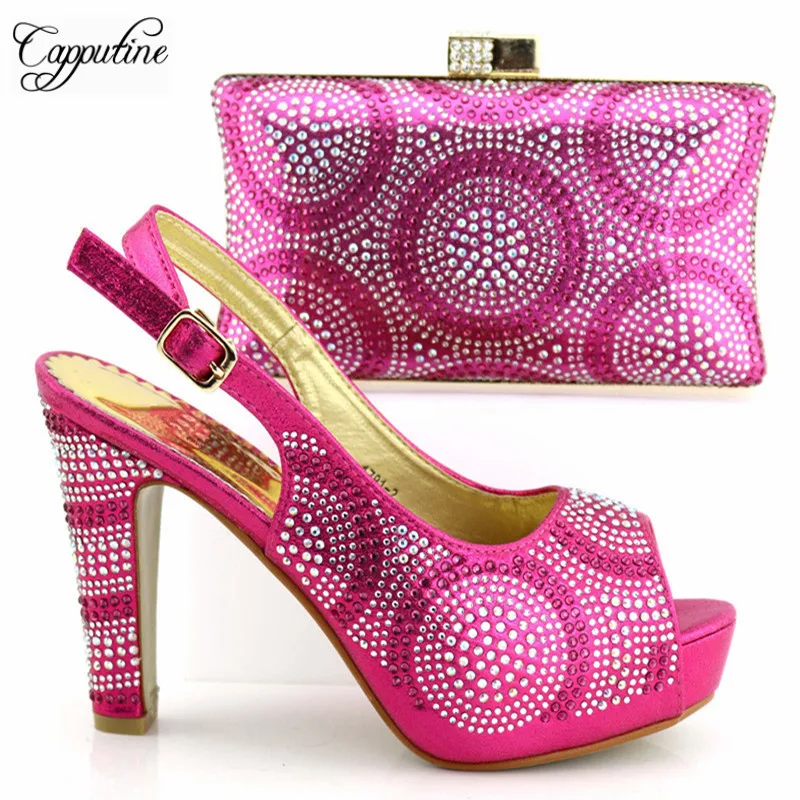 

New Style African Ladies Fuchsia Color Shoes And Bag Set Italian Fashion High Heel 11CM Shoes And Bags Set For Wedding TX-192