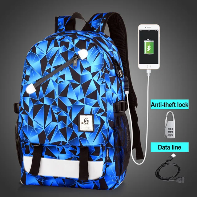 USB зарядное устройство, школьная сумка, анимационный Светящийся рюкзак для ноутбука, рюкзак для мальчика, школьные сумки, школьные рюкзаки для мальчиков, детский рюкзак - Цвет: 2 BOY BULE-LOCK LINE