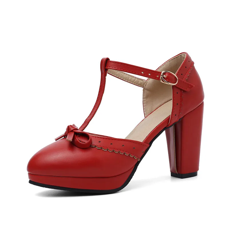 YMECHIC/милые вечерние туфли принцессы в стиле Лолиты; цвет красный, розовый, синий, черный; туфли-лодочки на платформе с Т-образным ремешком и бантом; женские летние туфли-лодочки на высоком каблуке - Цвет: Красный