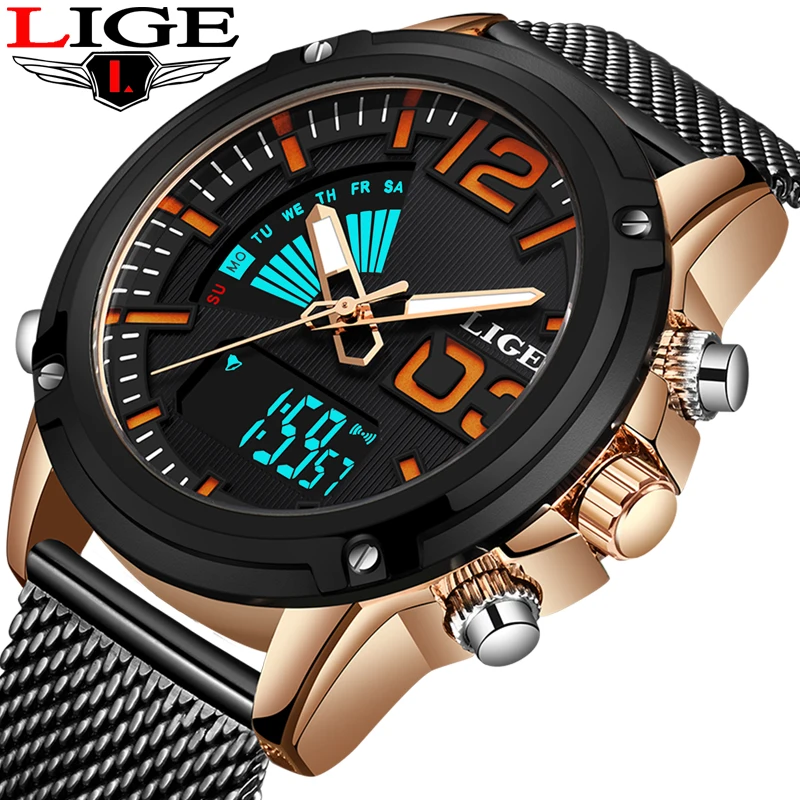 

Reloj de los hombres LIGE Double display Watch Men Sport Quartz Watch Mens Watches Top Brand Luxury Full Steel Waterproof Clock