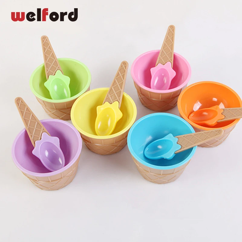 Children's Plastic Ice Cream Bowls Spoons Set Durable ICE Cream CUP For