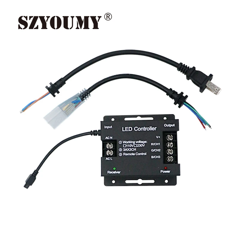 

SZYOUMY 220V 110V 44key IR remote RGB Led controller dimmer 1500W US plug / EU plug Free shipping Connected 110V MAX 70M