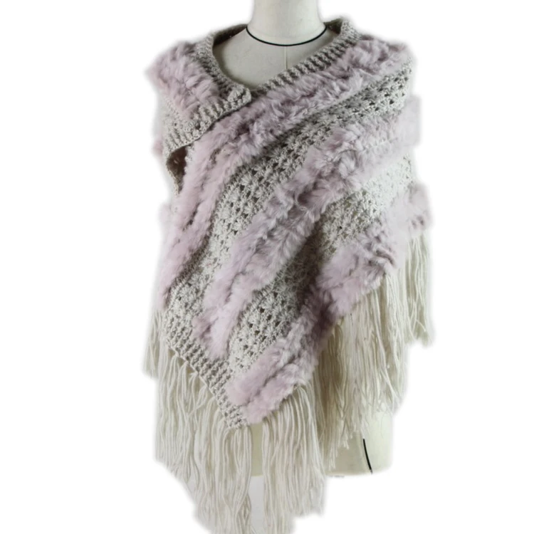 

Harppihop real fur Hot Sale Real Knitted Rabbit Fur Shawl Fashion Women Rabbit Fur Poncho FUR coat With tassels