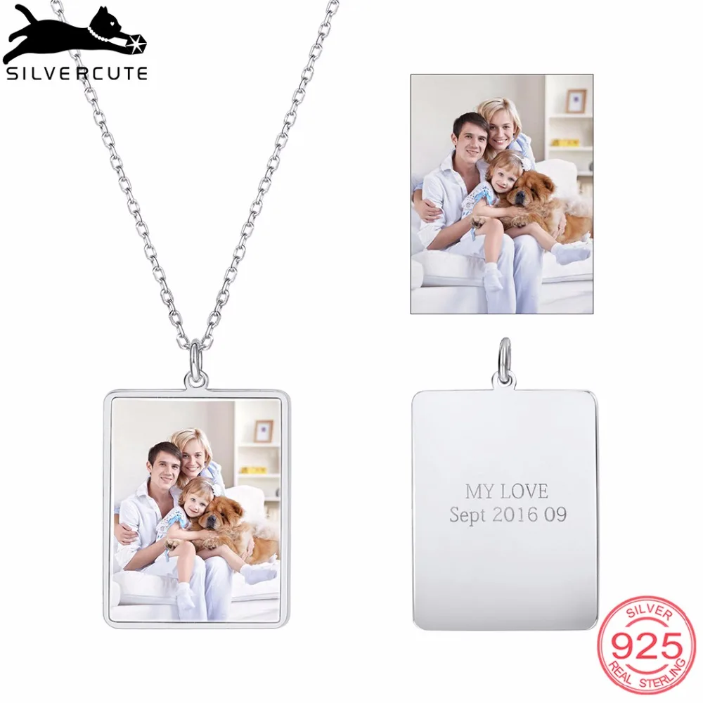 

SILVERCUTE Engraved Personalized Custom Photo Square Pendant Necklace 925 Sterling Silver Jewelry Family Memory Gift SCI6278B