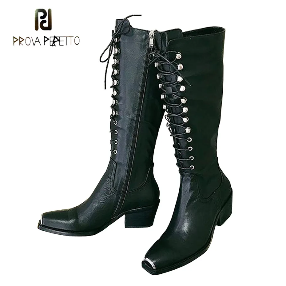 

Prova Perfetto fashion metal square toe chunky heel knee high boots women cross tied side zipper genuine leather motorcycle boot