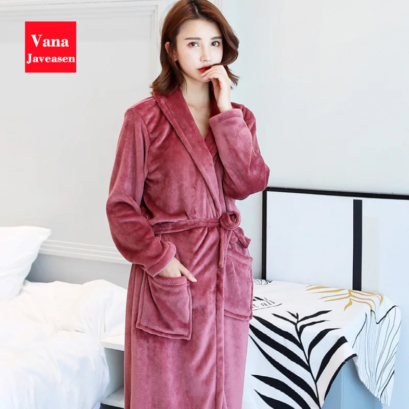 Vana Javeasen Coral Fleece Women Men Bathrobe Pajamas Thicken Warm Autumn Winter Home Couple Sleepwear Turndown Collar Robes - Цвет: Bean red