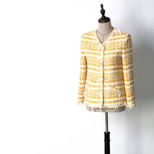 Весенняя модная твидовая куртка Женская Осенняя желтая белая куртка Верхняя одежда Пальто с v-образным вырезом куртки повседневные JC2479