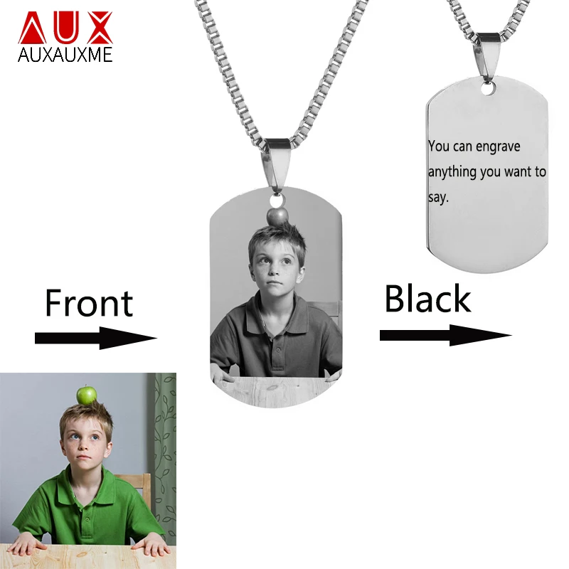 

Auxauxme Custom DIY Tag Photo Pendant Necklace Gold black Silver Stainless Steel Engraved photograph Necklaces Charm Jewelry