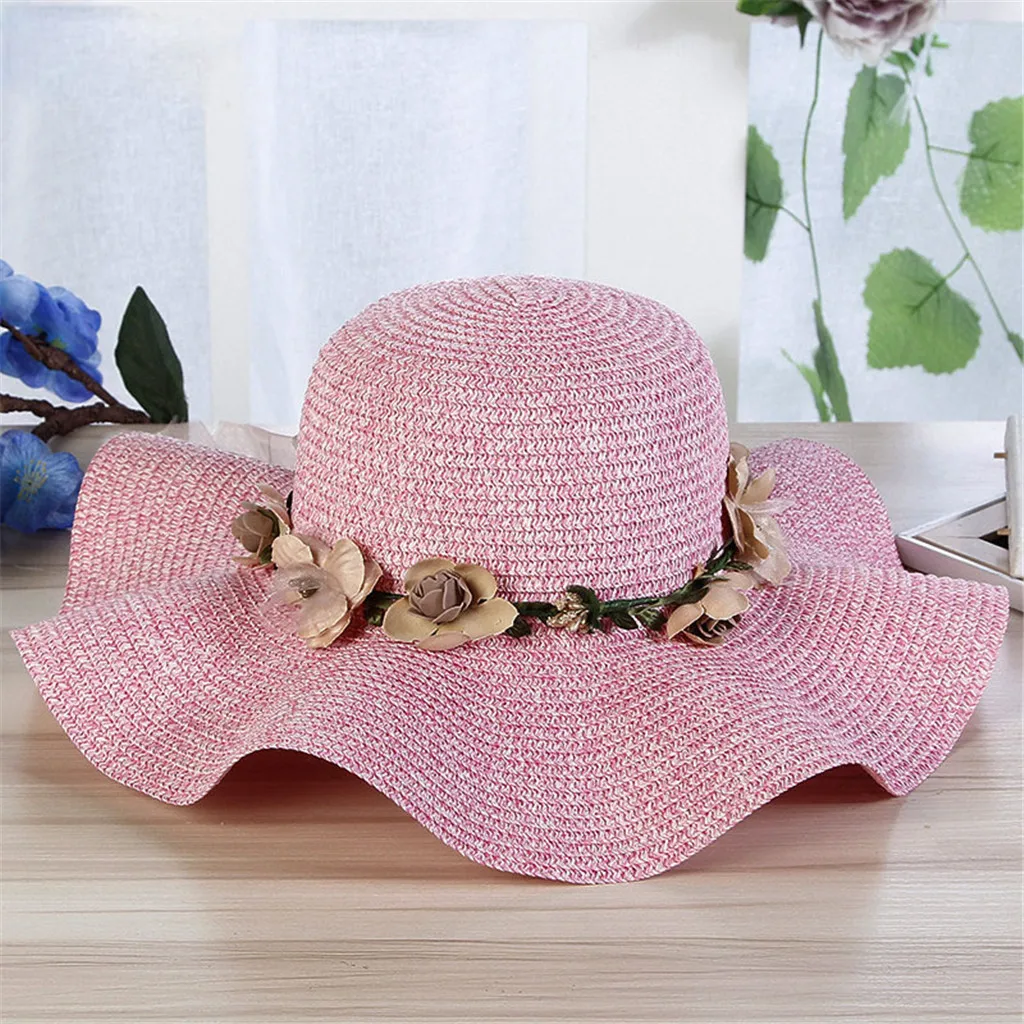 Для женщин пляж Кепки Большие широкие поля, из соломы шляпы и изображениями красочного цветка; пляжные кепки для защиты от солнца складывающаяся Кепка chapeau femme ete#3 - Цвет: Hot Pink