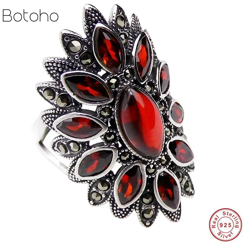 

New 925 Silver Flower Ring MARCASITE New Fashion Red Stone Original S925 Sterling Silver Rings for Women Jewelry Adjustable Size