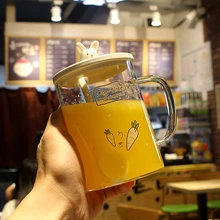 Прозрачная Круглая кружка с мультяшным кроличьим стеклом, Милая со столовой ложкой для завтрака, молока, питьевая чашка с крышкой, ложка экологичная