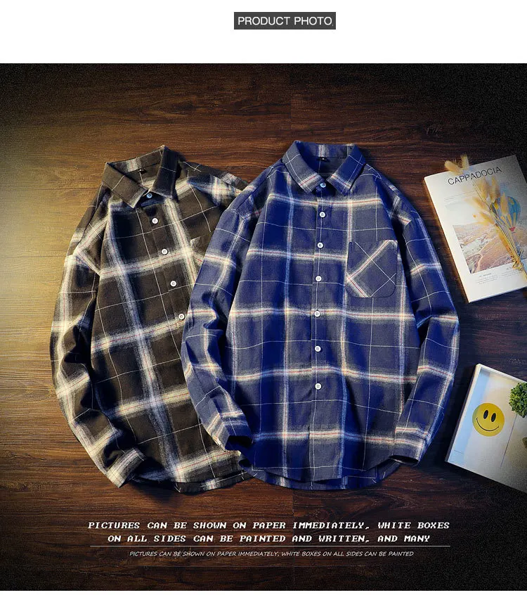 Men's Casual Plaid Dress Shirts Long Sleeve Urban Streetwear Casual Button Up Shirt For Male Large-Scale Plaid Pocket Top CS08 (3)