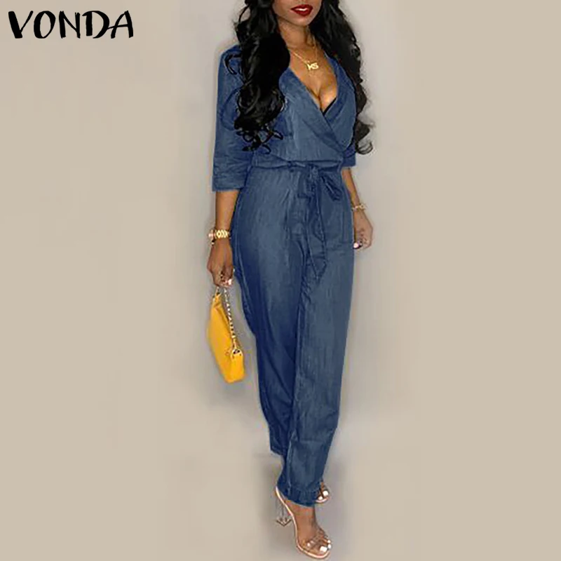 Women V Neck Sashes Casual Jumpsuit Summer Button Loose Long Pants Casual Rompers with Pockets Big Size 5XL,Black,S,United States
