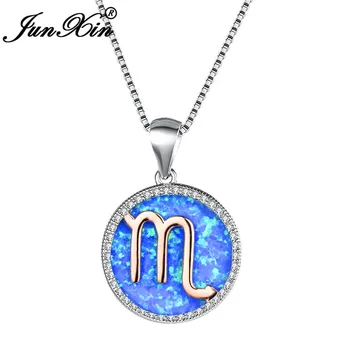 

JUNXIN White Gold Filled Scorpio Pendant Necklaces For Women Round Blue White Fire Opal Necklace Female Valentine Jewelry Gift