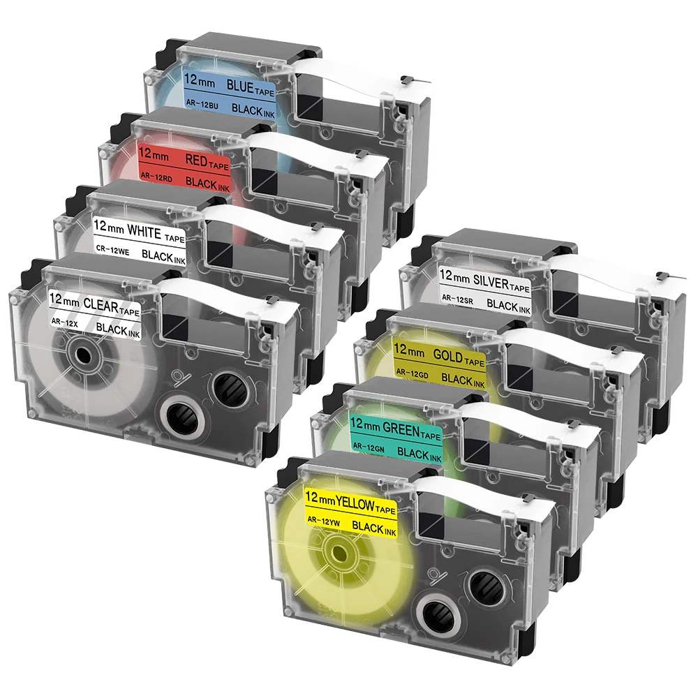

8 Pack Mixed Color XR-12X XR-12WE XR-12RD XR-12BU XR-12YW XR-12GN XR-12GD XR-12SR Label Tape for Casio Label Maker
