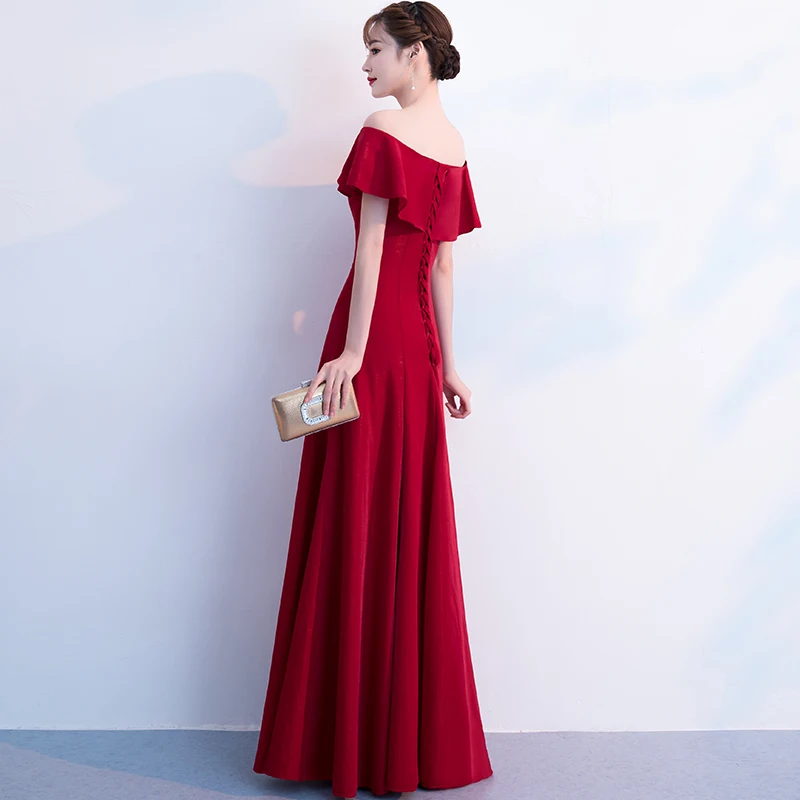 Elegant Wine Red Evening Dresses Long Ruffles Off The Shoulder A-line Floor-Length Simple Formal Evening Gowns For Women