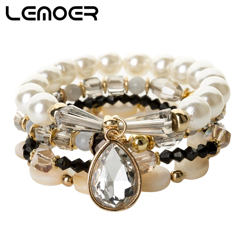 

LEMOER 2019 Fashion OL Multilayer Simulated Pearl Shell Beads Bracelet Crystal Water Drop Pendant Charm Jewelry For Women bijoux