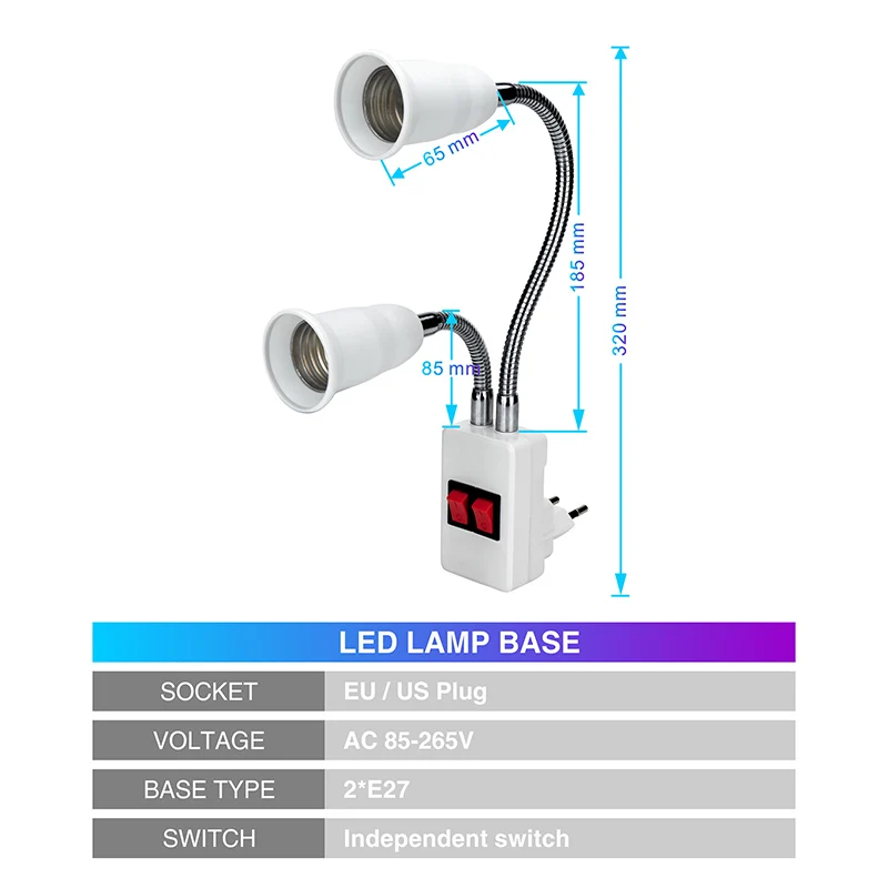 Гибкая лампа с двойной головкой, цоколь, светильник E27, AC85-265V, удлинитель, преобразователь вкл/выкл, светодиодный держатель лампы, винтовой разъем, штепсельная вилка стандарта ЕС/США