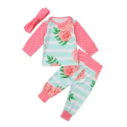 Одежда для малышей для девочек топы с длинными рукавами штаны с цветочным принтом, леггинсы Набор одежды из трех предметов комплект