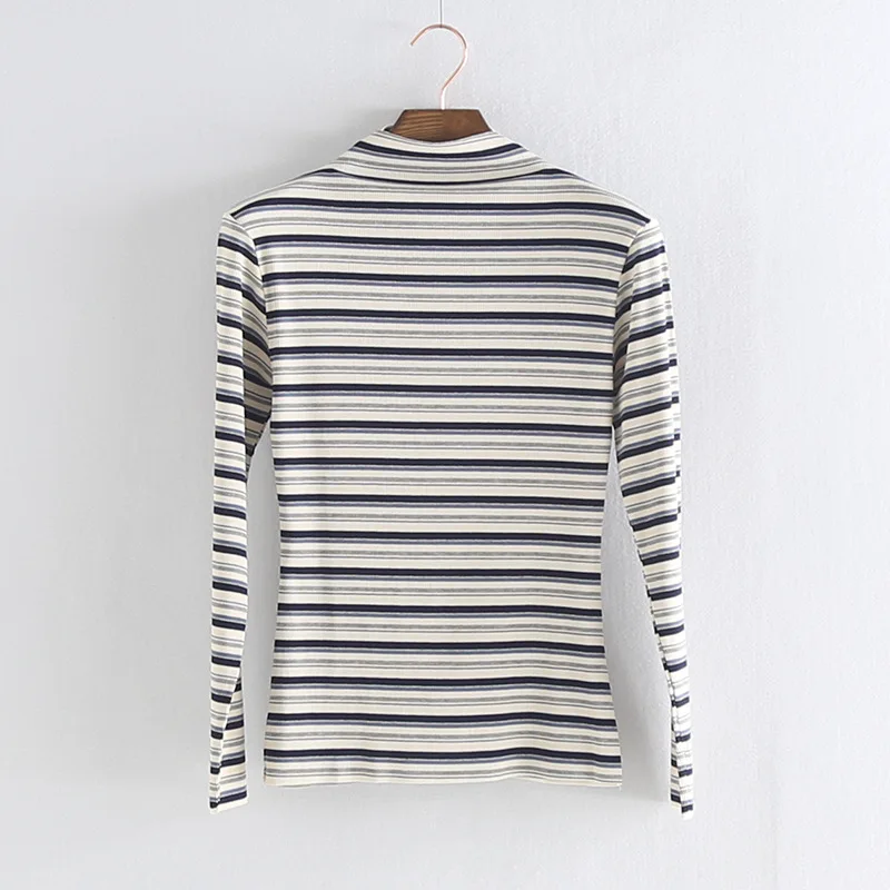 

womens top long sleeve Turleneck t shirt with strip pattern all match tee black gray white t shirt women bts