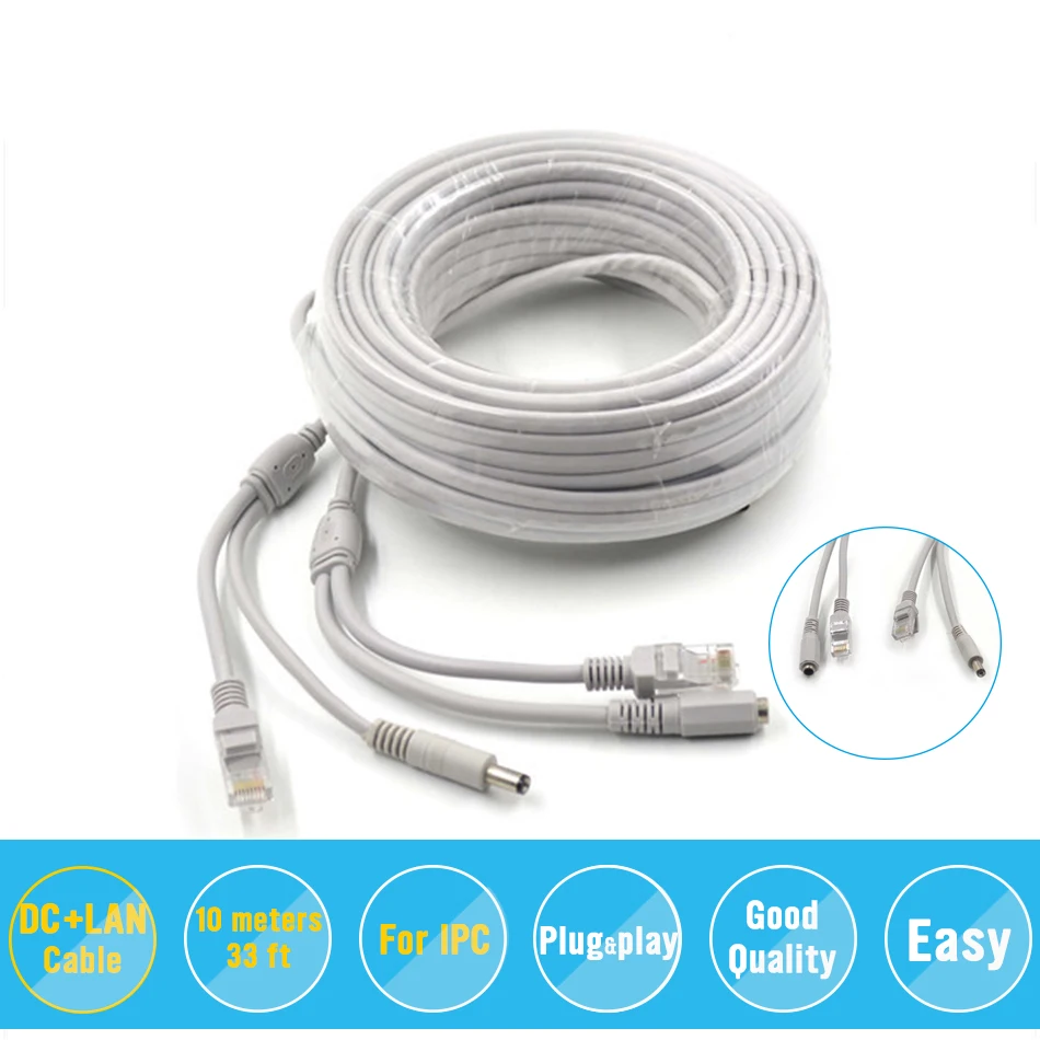 

Hiseeu Network Power Cable 10m RJ45 Ethernet Port 2 in 1 Power supply & network Extension Cable IP Camera Line CCTV System LAN
