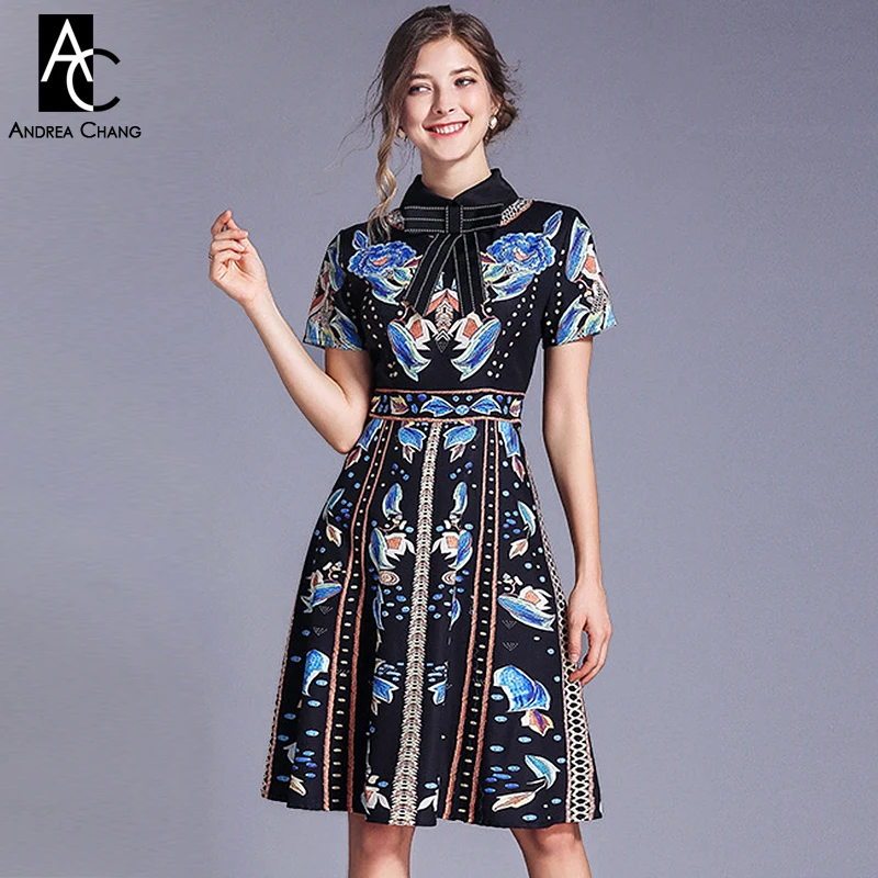 

M-XXL spring summer woman dress collar bow blue floral pattern print black dress short sleeve knee length fashion sweet dress