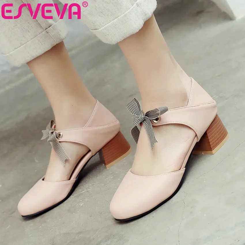 

ESVEVA 2019 Women Pumps Shoes Lace Up Two-piece Square High Heels Round Toe Sweet Style Sandals Apricot Shoes Women Size 34-43
