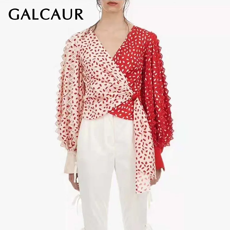

GALCAUR Summer Lace Patchwork Women Blouse V Neck Lantern Sleeve Print Hit Color Bandage Tunic Shirt Female Fashion 2019 New
