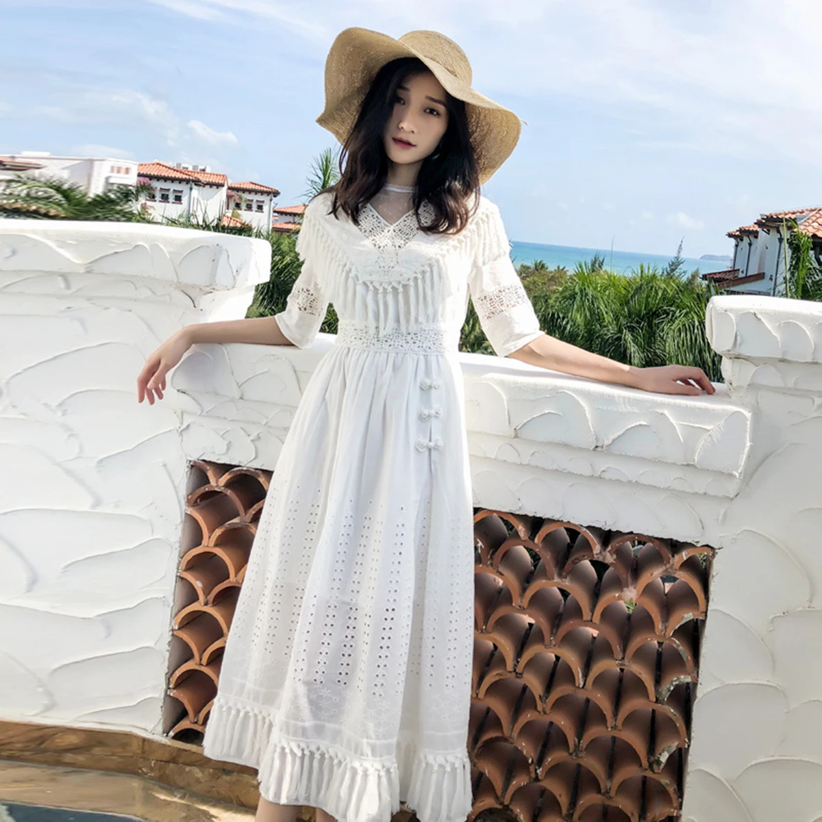 Women Summer Dress Tassel Lace White Sweet Boho Round Neck Splice Hollow Dress 2019 Maxi Dresses Woman Party Night Women Summer Dress Tassel Lace White Sweet Boho Round Neck Splice Hollow Dress 2019 Maxi Dresses Woman Party Night