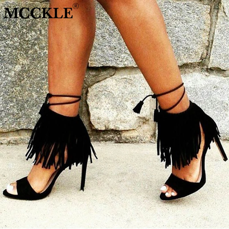 

MCCKLE Women 2018 New Sandals Fringe High Heels Female Ankle Strap Shoes Peep Toe Sandalia feminina Ladies Stilettos