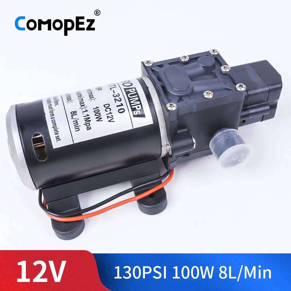 DC 12V 24V 100W 0.9Mpa 130PSI 8L/Min сельскохозяйственный Электрический водяной насос Черный Миниатюрный Мембранный опрыскиватель высокого давления