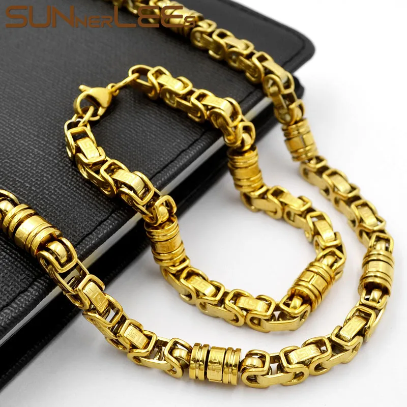 

SUNNERLEES 316L Stainless Steel Necklace Bracelet Set 8mm Geometric Byzantine Link Chain Silver Gold Men Women Jewelry SC56 S