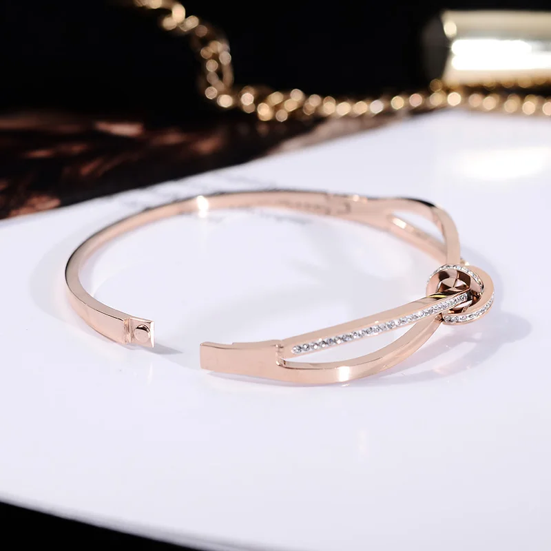 YUN RUO простой и шикарный модный Кристальный браслет с бантиком цвета розового золота, титановая сталь, ювелирные изделия, подарок на день рождения для женщин, никогда не выцветает