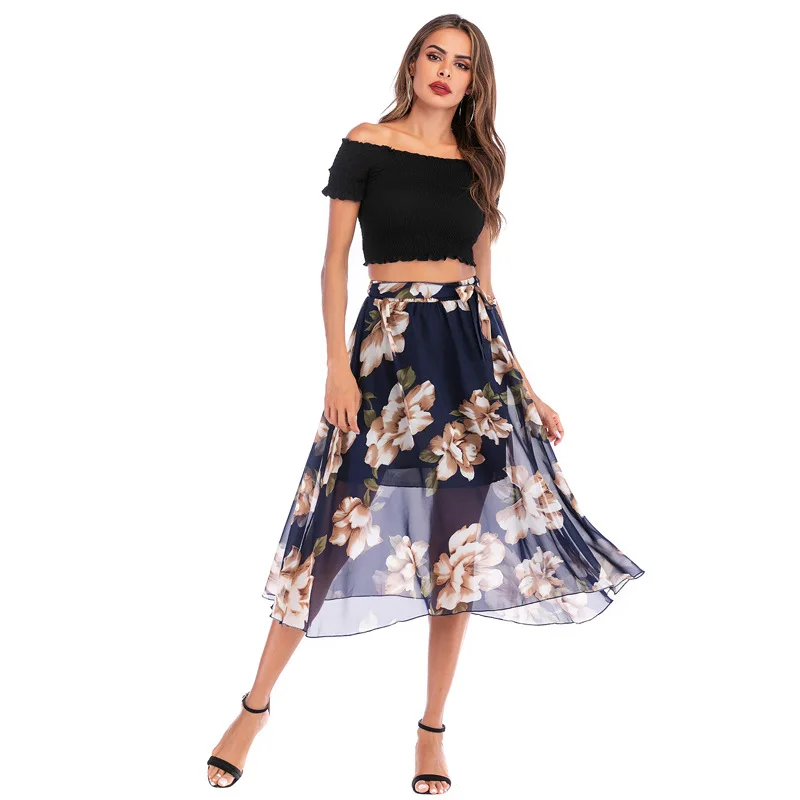 

2019 summer skirt fresh pink color floral chiffon skirt