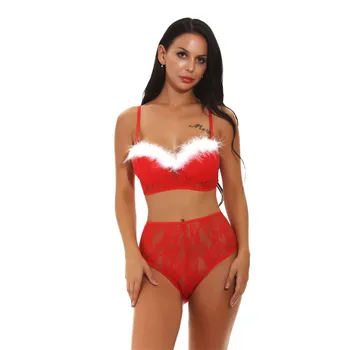 

Women Christmas Lingerie Bra Set Red Christmas Costumes Outfits Sleepwear And Nightwear Feather Neckline Pajama Bra+G-string