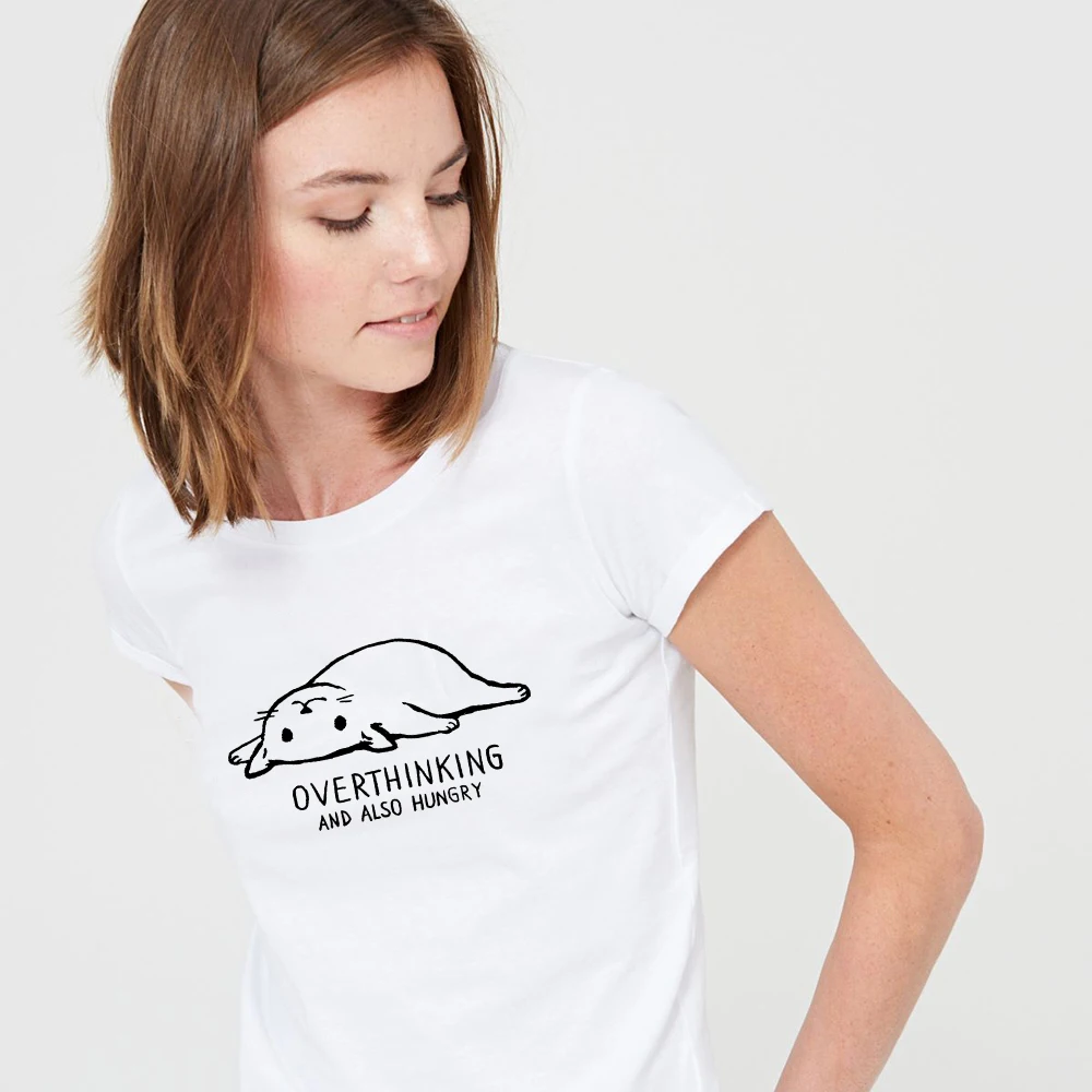 

Overthinking and Also Hungry T-Shirts Women Cat Print Funny Graphic Tee Harajuku Tumblr Tshirt Tops Summer Fashion Tops Clothes