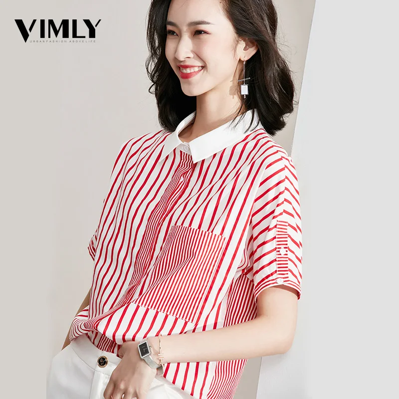 

Vimly Women Striped Blouse Shirt Casual Summer Red Blouse Shirts Cotton Office Tops Street Wear High Street Style Button Pocket