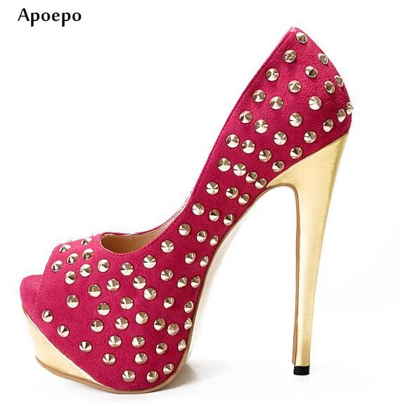 New 2018 Newest Woman High Heel Shoes Sexy Peep Toe Rivets Studded Platform Pumps Fashion Slip-on Dress Shoes Gold heels shoe цена New 2018 Newest Woman High Heel Shoes Sexy Peep Toe Rivets Studded Platform Pumps Fashion Slip-on Dress Shoes Gold heels shoe цены онлайн