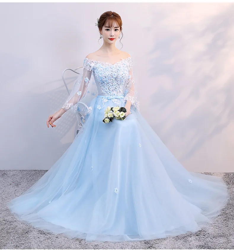 Кружевное роскошное Королевское свадебное платье, светильник, синие вечерние платья с тюлевыми рукавами, шикарное платье невесты из тюля для свадебной вечеринки