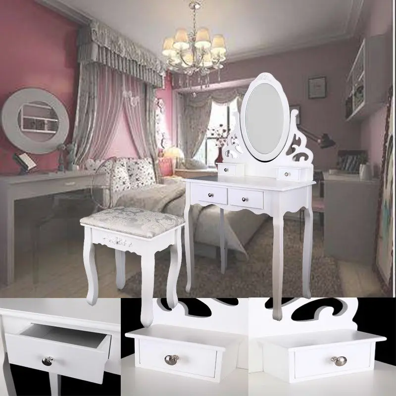 Home White Dressing Table Oval Mirror With Stool Set (4 Drawer) Bedroom