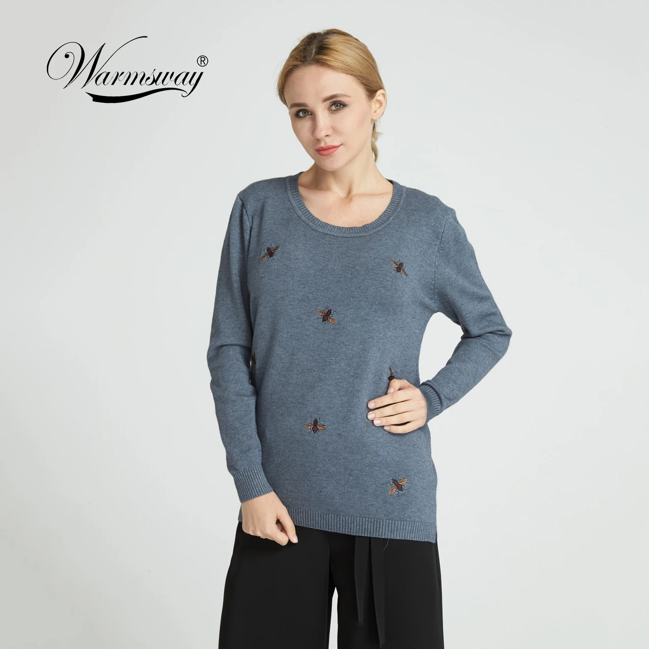 Warmsway 2018 Fall Winter Bee Embroidery Sweaters Plus Size 2XL Women Pullovers Oversized Knitted Tops female  jumper  C-153