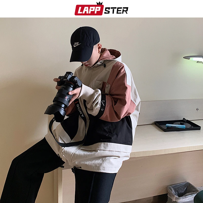 LAPPSTER Men Oversized Streetwear 2019 Bomber Jackets 2019 Patchwork Color Block Cargo Windbreaker Jackets Coats Korean Clothes