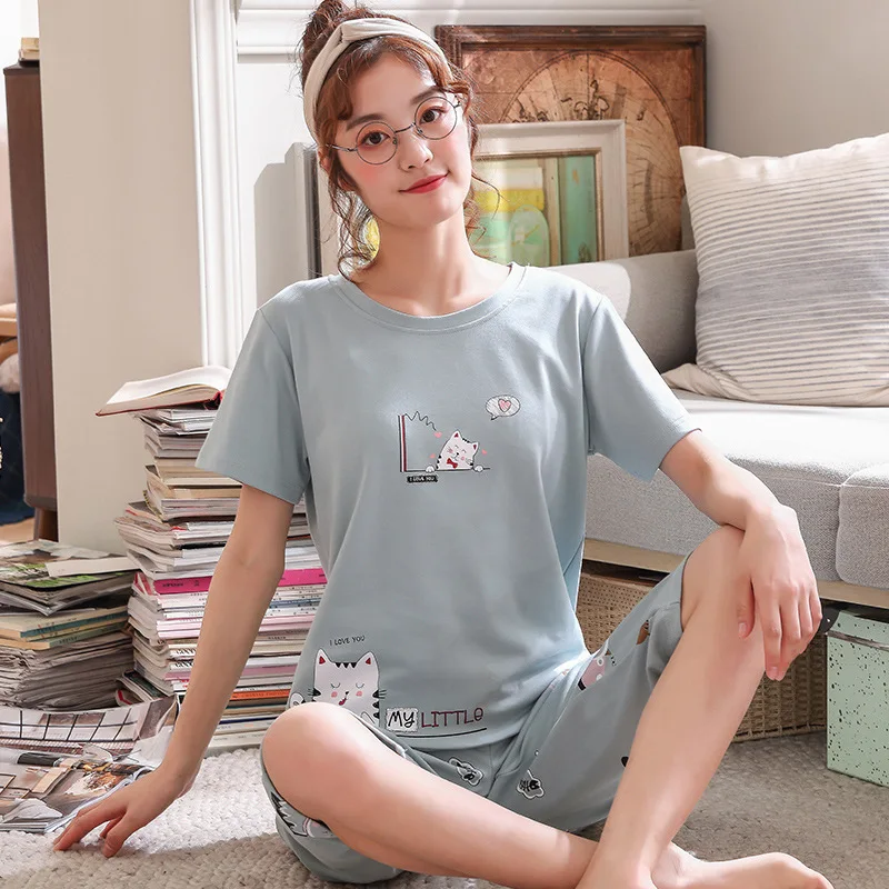 Пижамные комплекты Лето 2019 пижамы хлопок Круглый вырез мультфильм Kawaii Ночная
