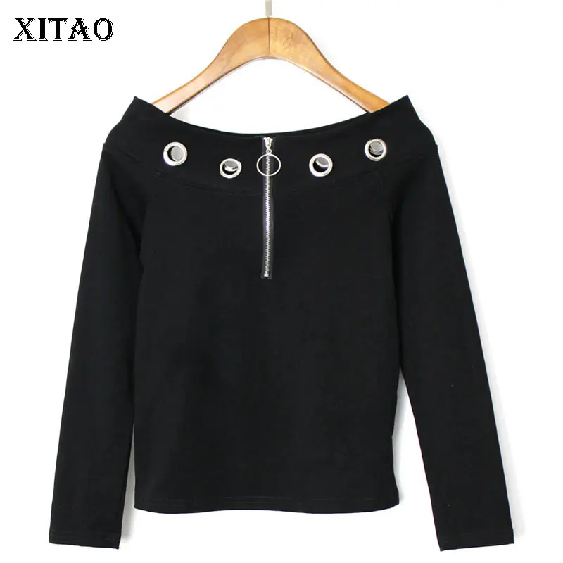 

[XITAO] Europe Street Fashion 2019 New Arrival Solid Color Slash Neck Long Sleeve Pullover Sequined Patchwork T-shirt DLL3195